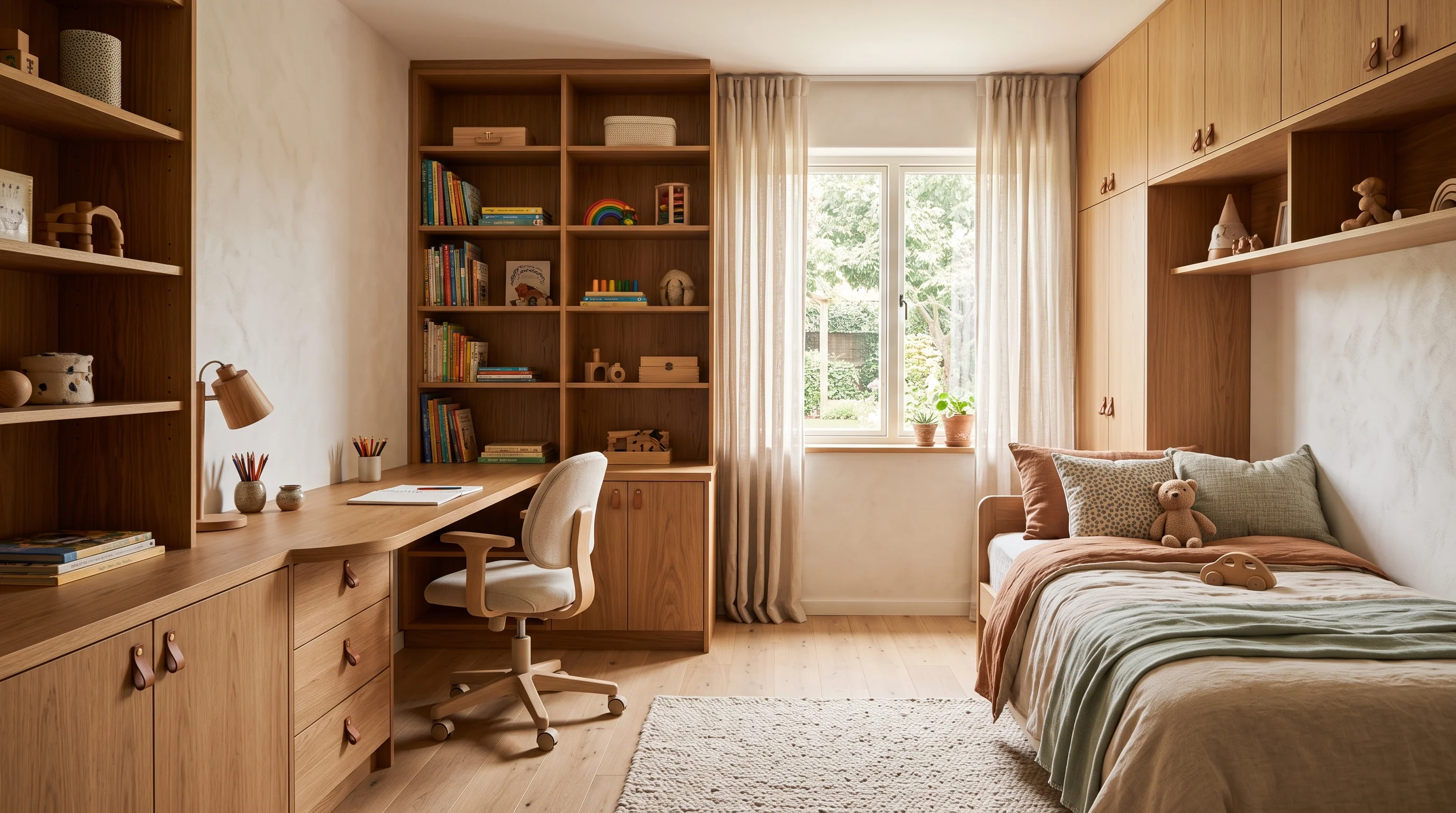 Custom solid wood study nook with floating bookshelves in West Bay